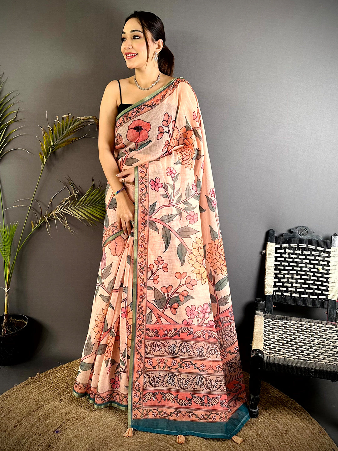 Peach Floral Soft Linen Summer Saree