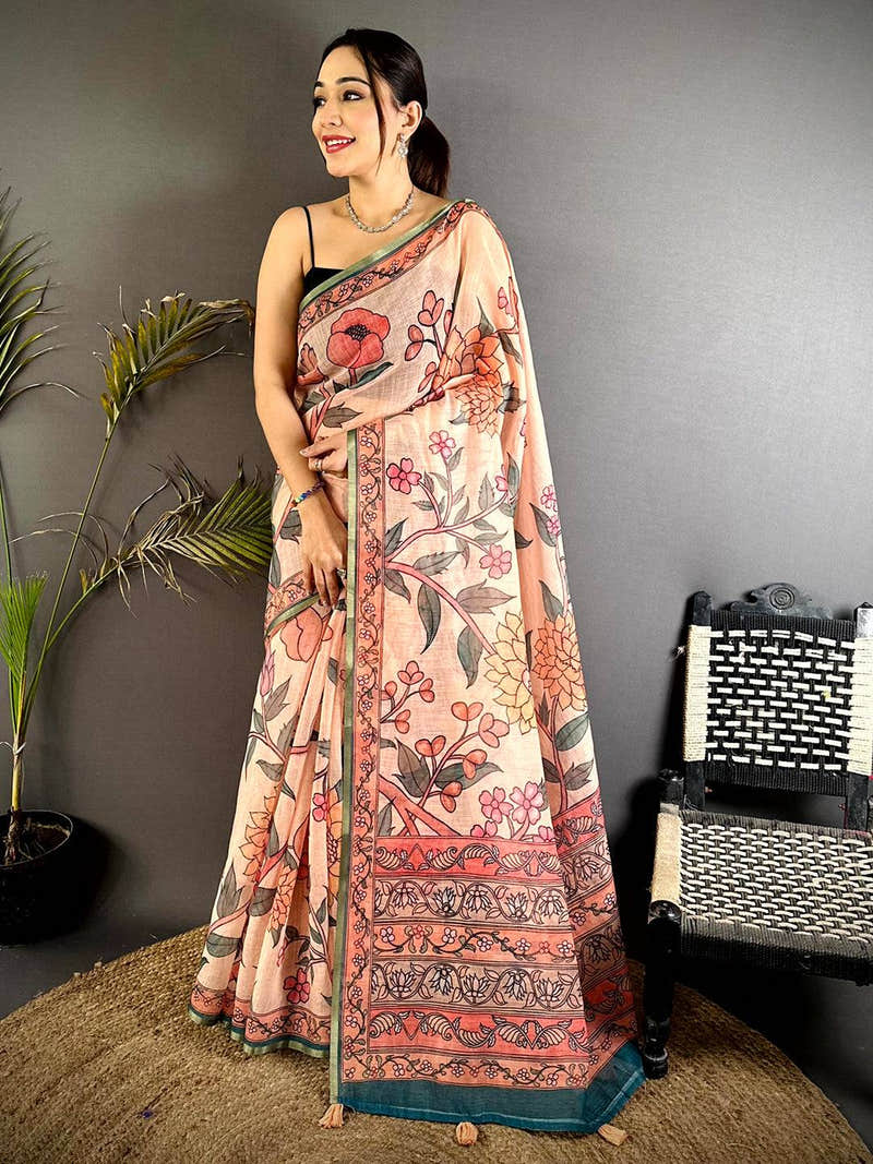 Peach Floral Soft Linen Summer Saree