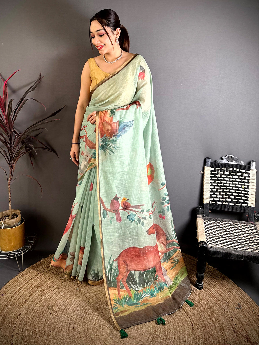 Mint Green Animal Print Linen Chanderi Saree