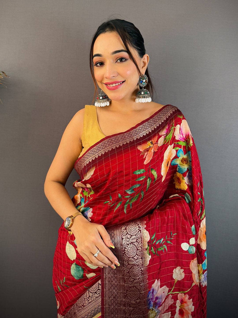 Wine Floral Kalamkari Viscose Saree