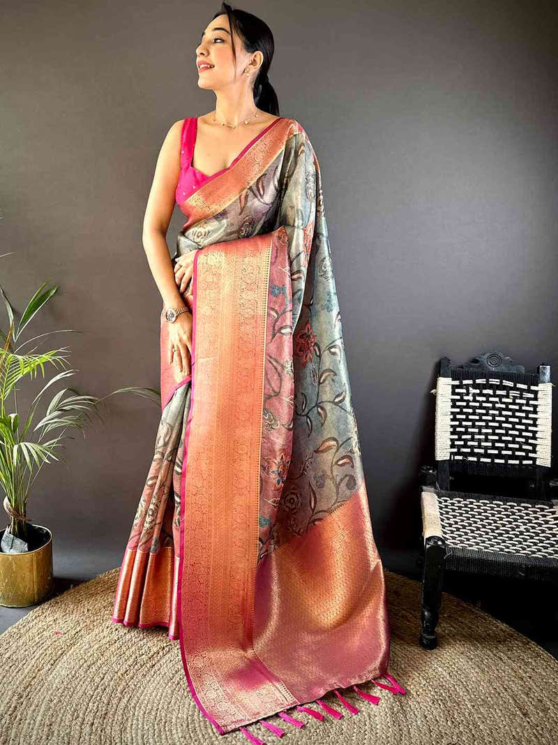 Ombre Kalamkari Gold Zari Tissue Saree