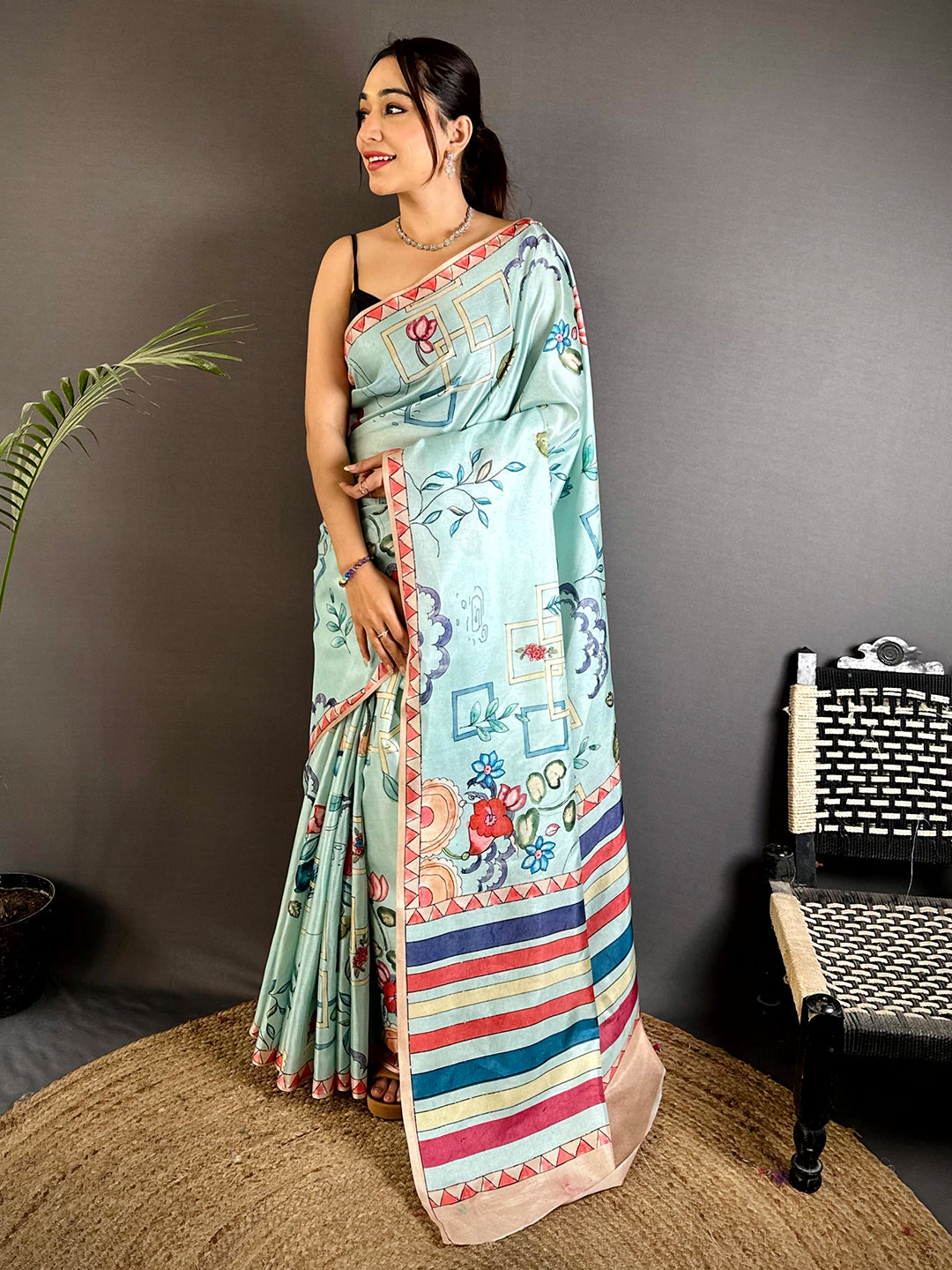 Sky Blue Semi Tussar Striped Pallu Saree