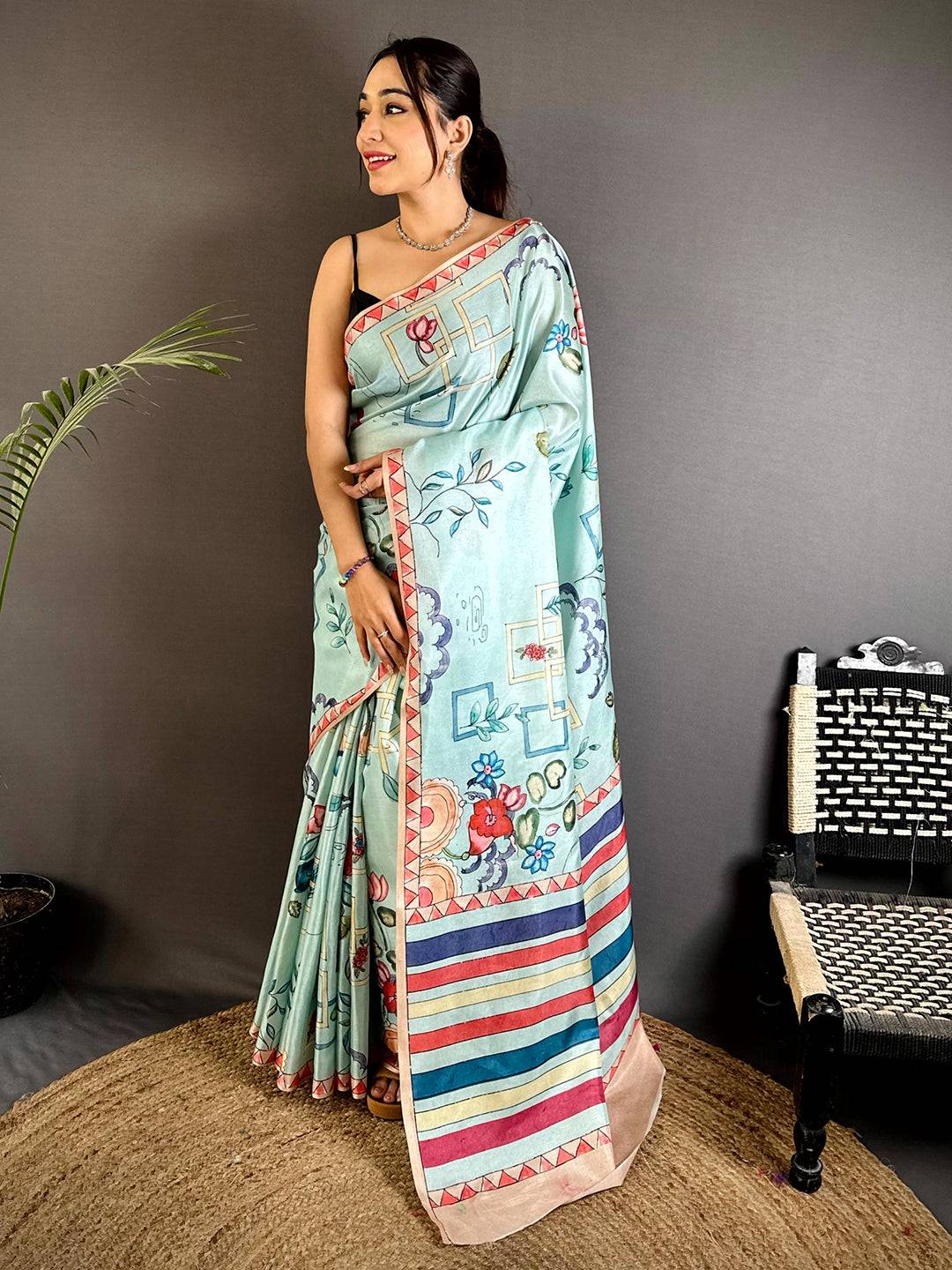 Sky Blue Semi Tussar Striped Pallu Saree