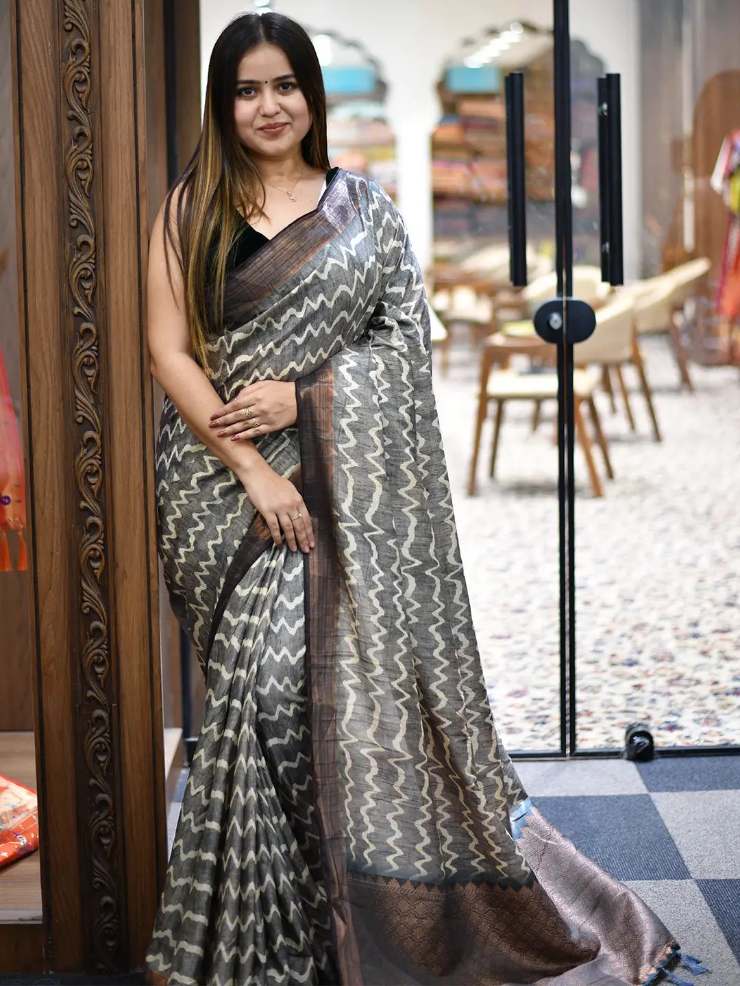 Stylish Tussar Ghicha Silk Saree with digital print in showroom