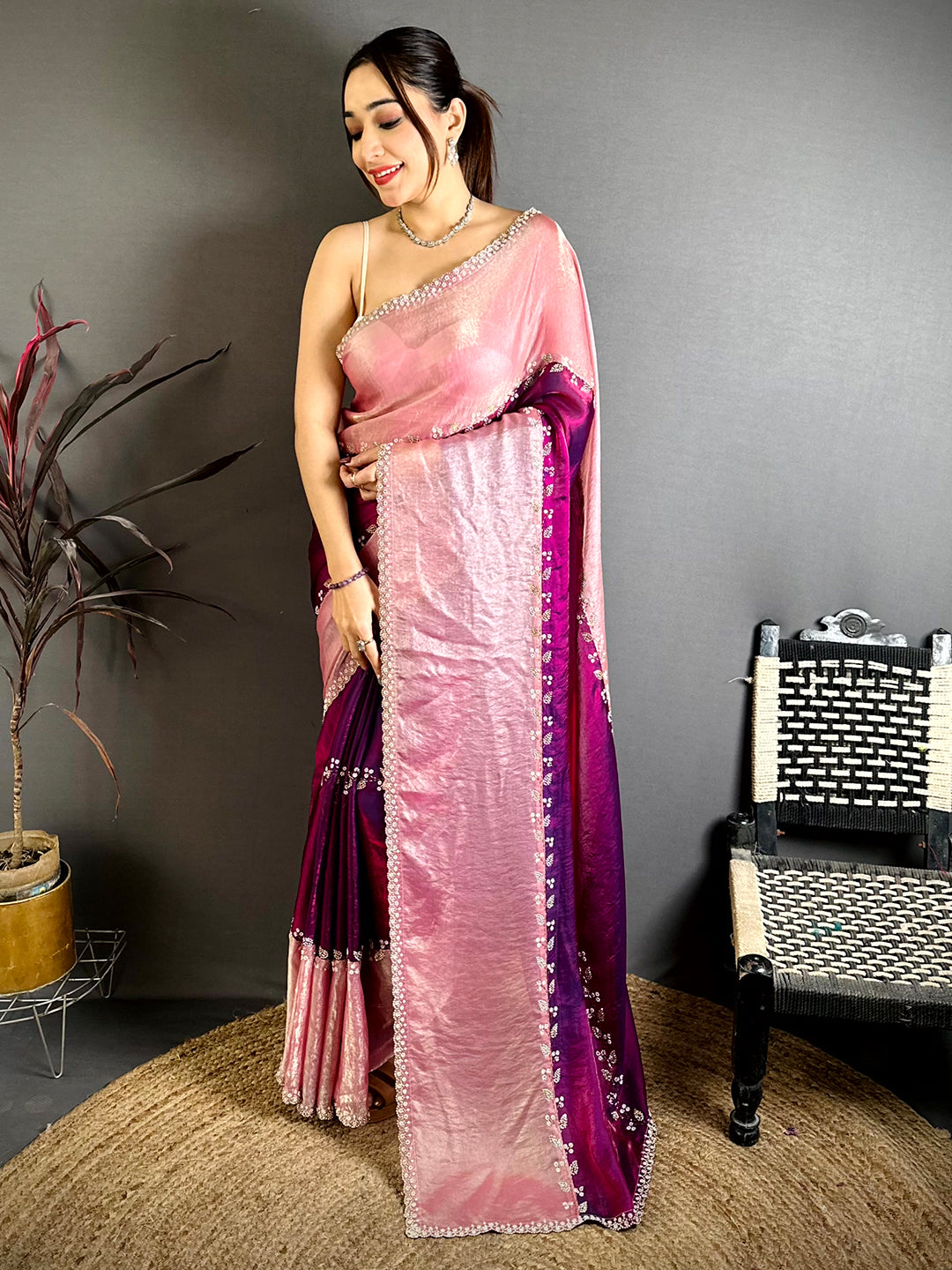 Stylish Peal Satin Tissue Saree