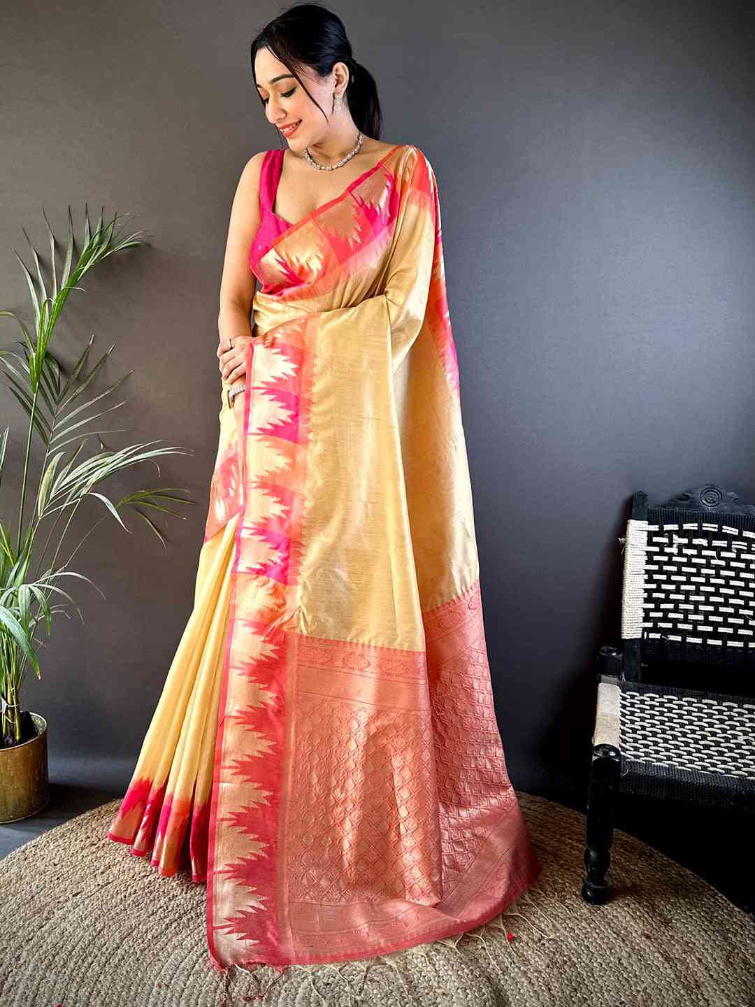 Cream Banarasi Raw Silk Ikkat Saree
