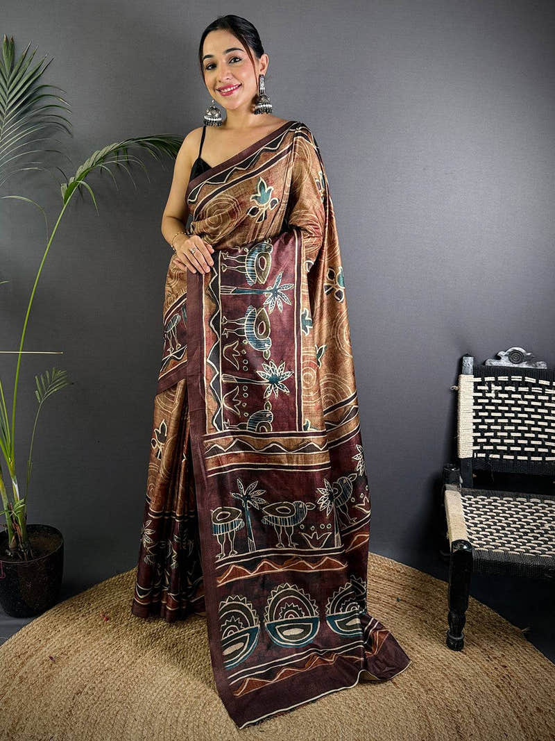 Brown Soft Dola Silk Printed Saree