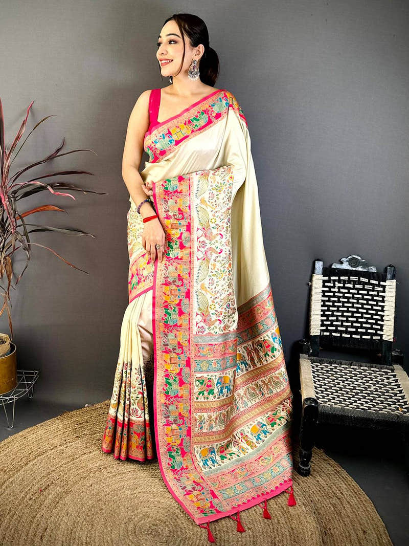 White Pashmina Weave Semi Silk Saree