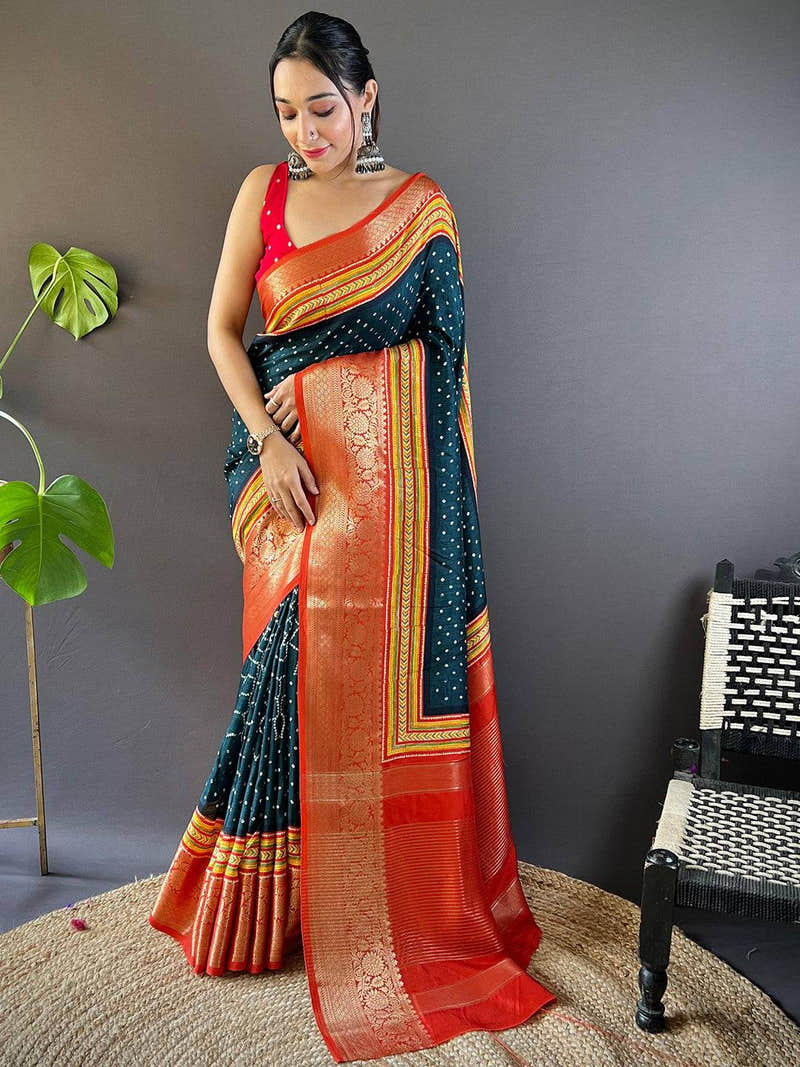 Viscose Dola Silk Bandhej Zari Saree