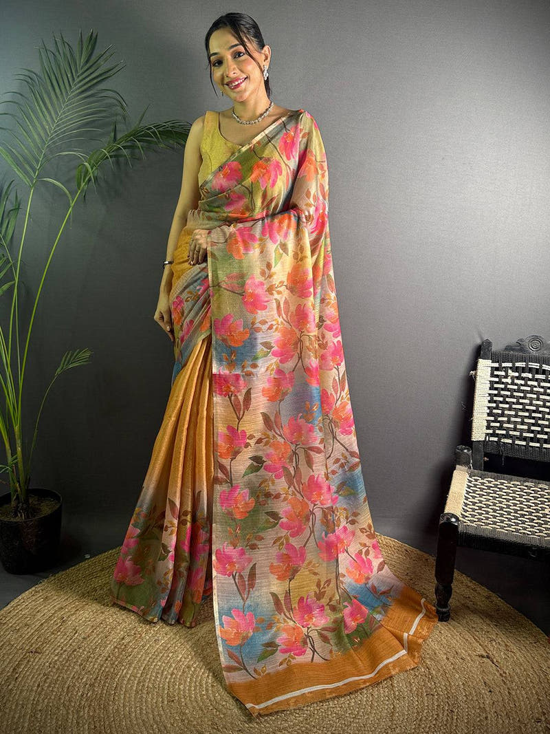 Mustard Yellow Linen Juth Digital Print Saree