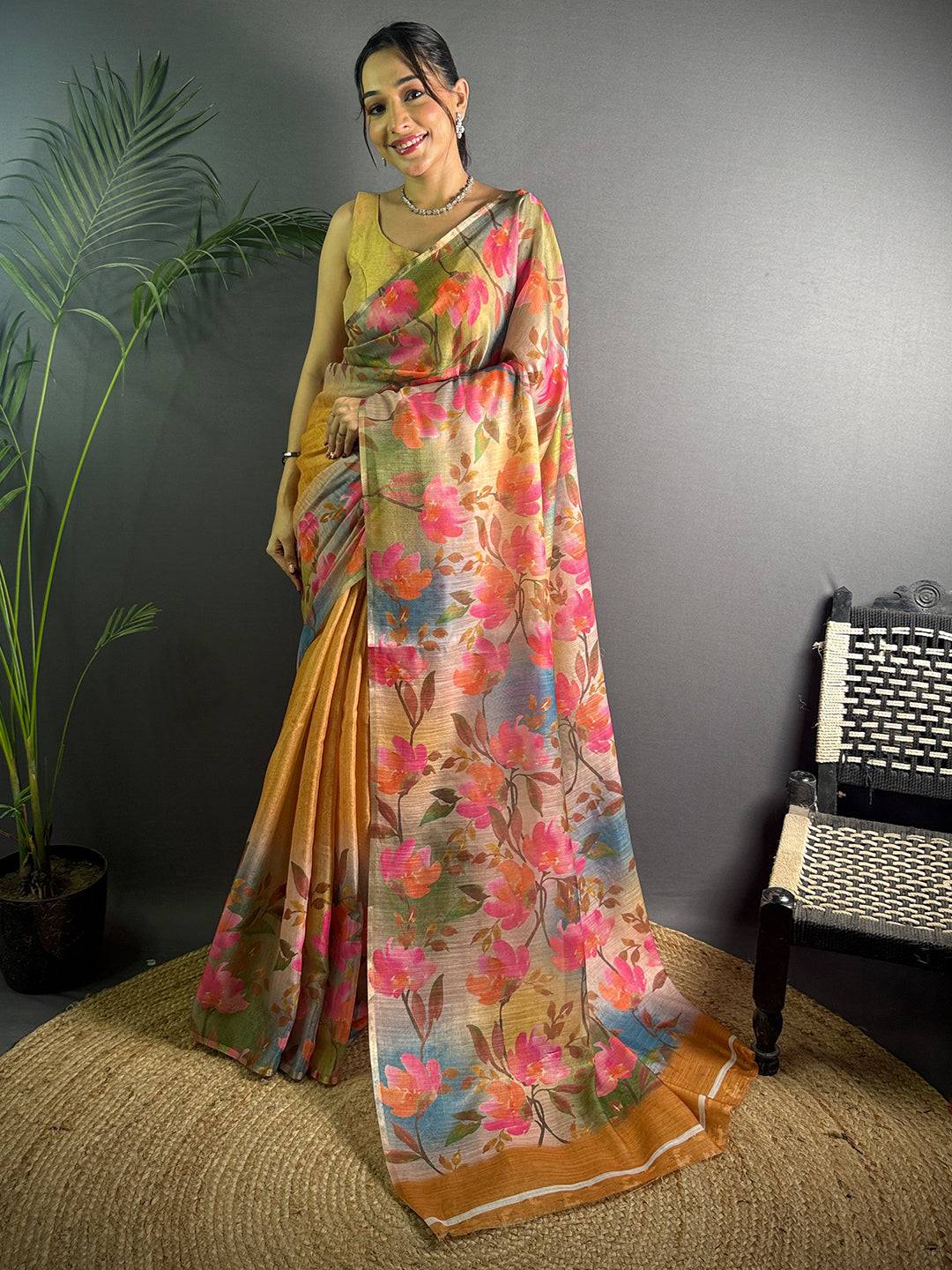 Mustard Yellow  Linen Juth Digital Print Saree