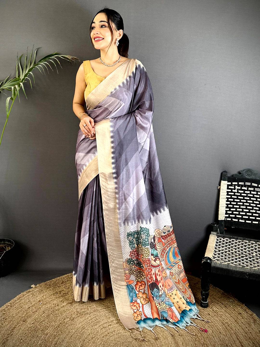 Traditional Linen Kalamkari Pallu Saree