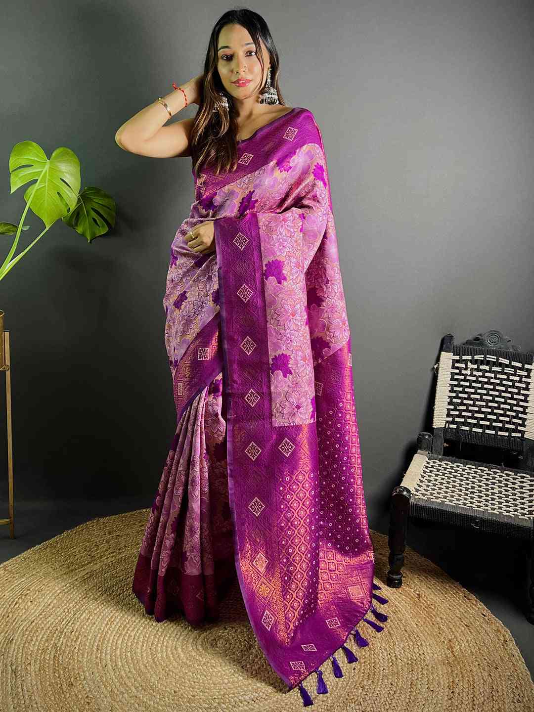Full view of lavender soft silk butta weaving saree