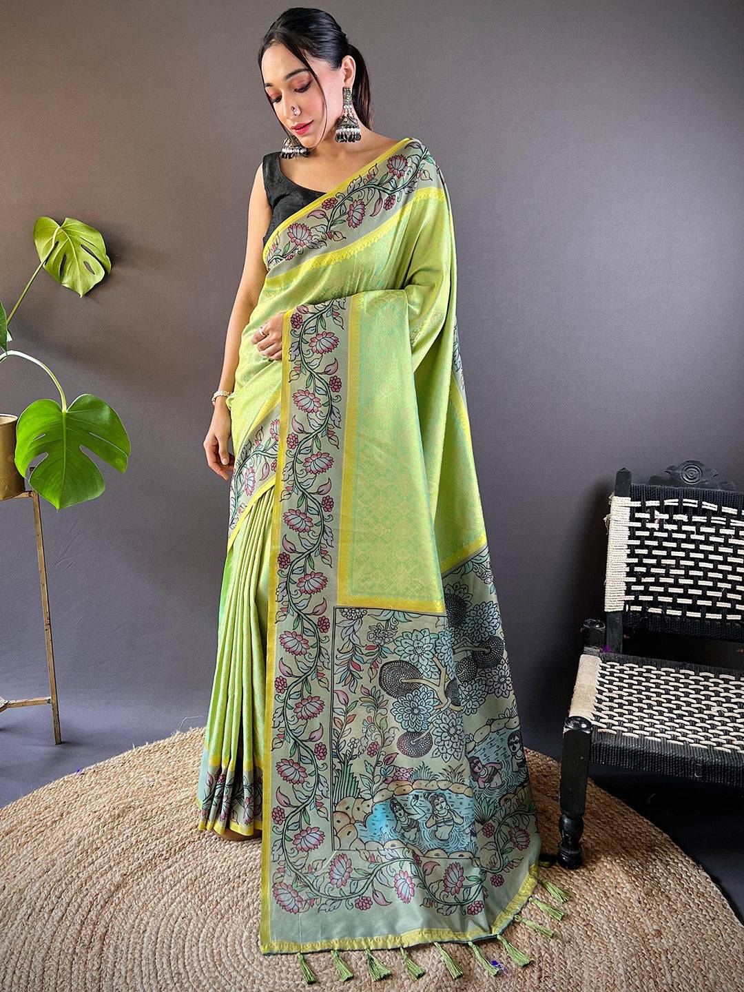 Lime Patola And Kalamkari Fusion Saree