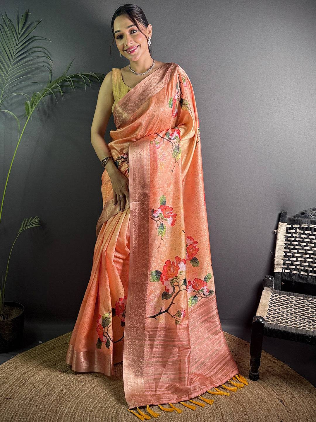 Peach Soft Organza Silk Floral Saree