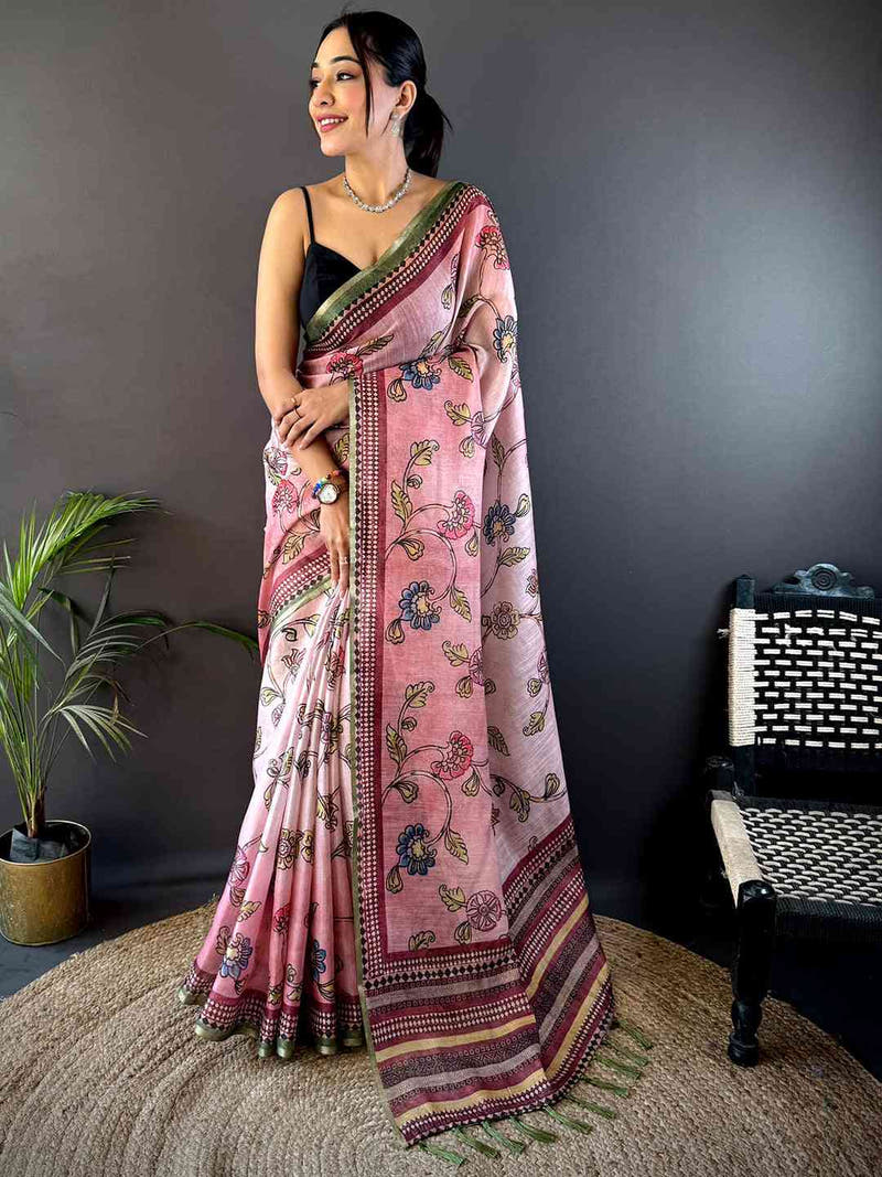 Rose Pink Zari Tussar Floral Saree