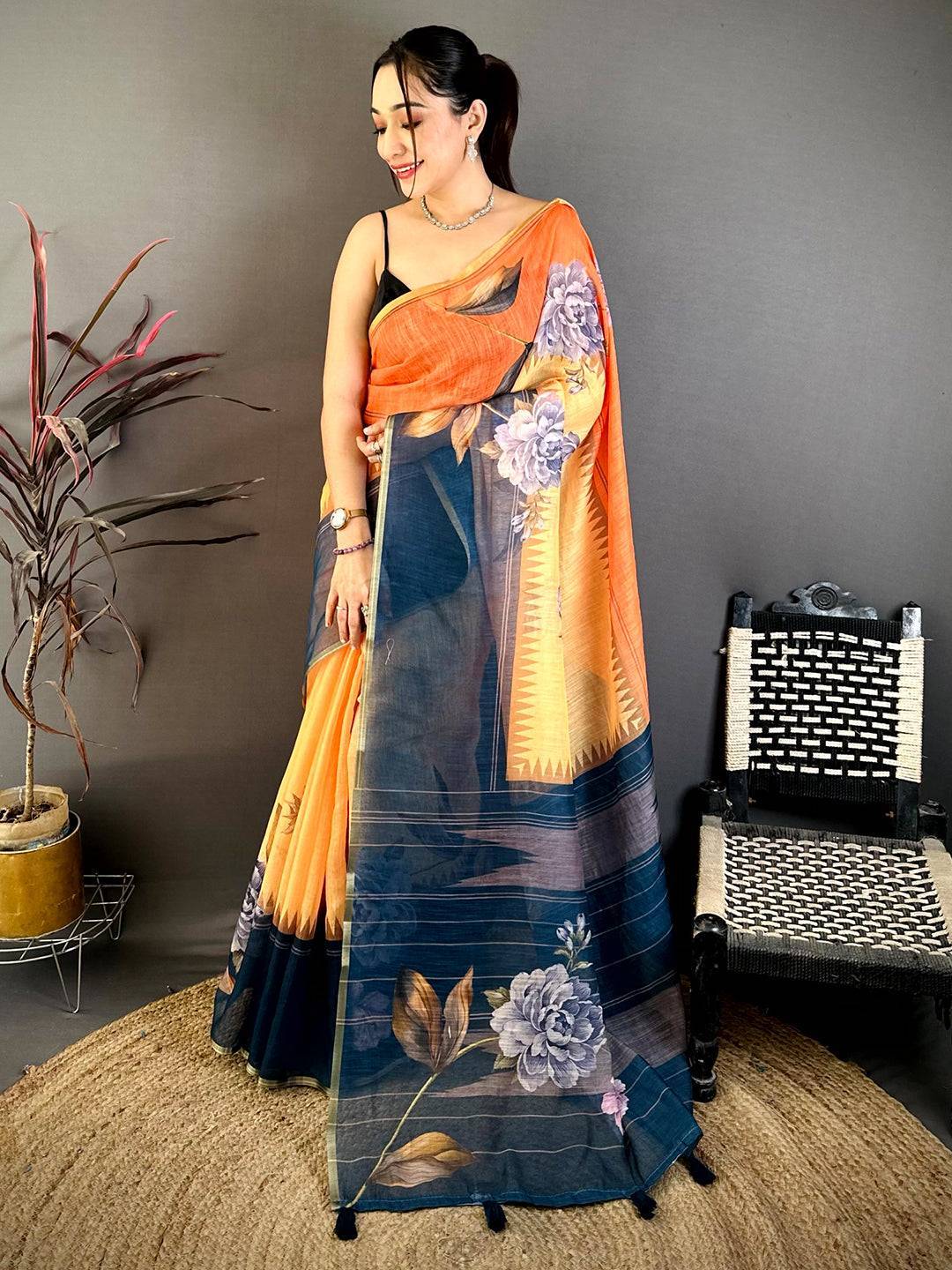 Royal Floral Linen Chanderi Saree