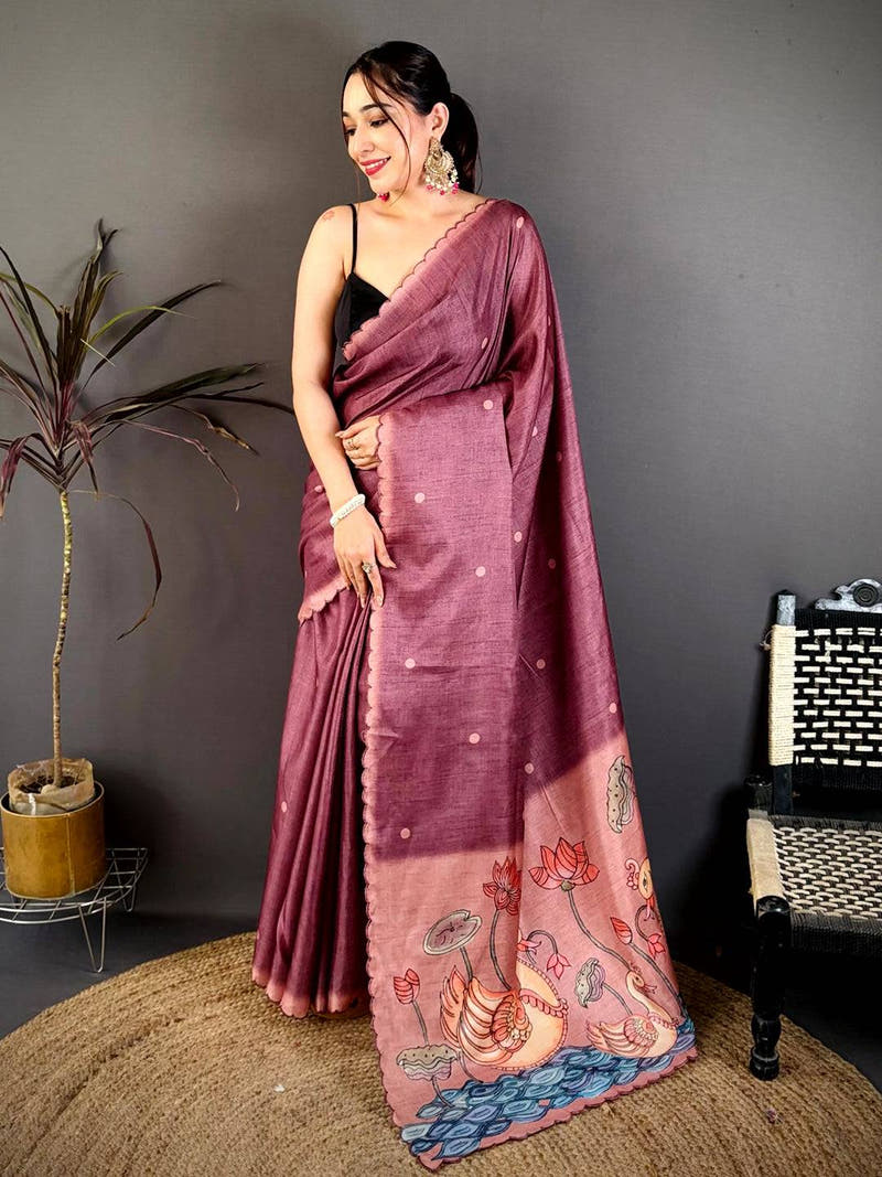Radiant Wine Kalamkari Tussar Saree