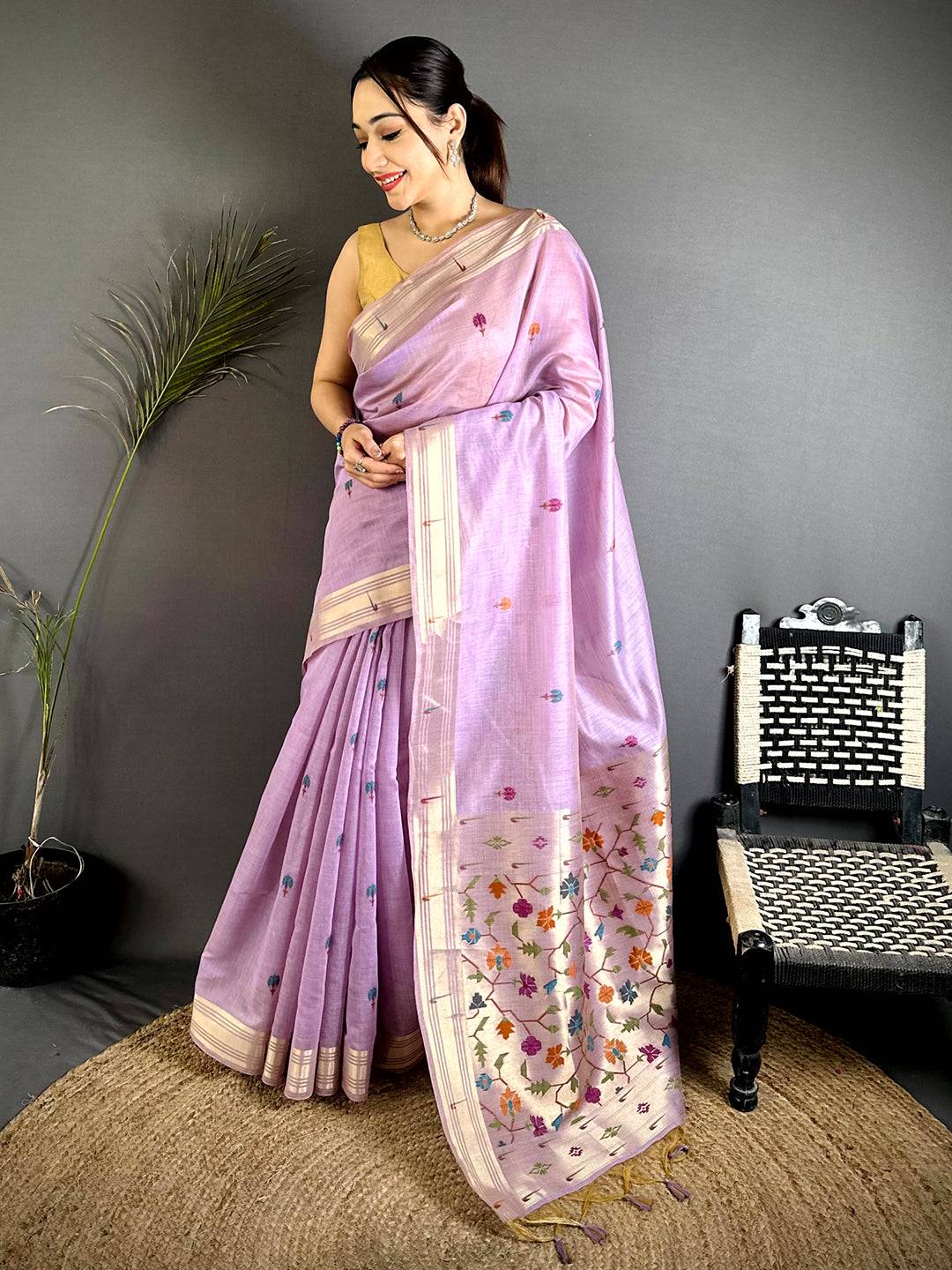 Lavender Geometric Patola Khadi Linen Saree