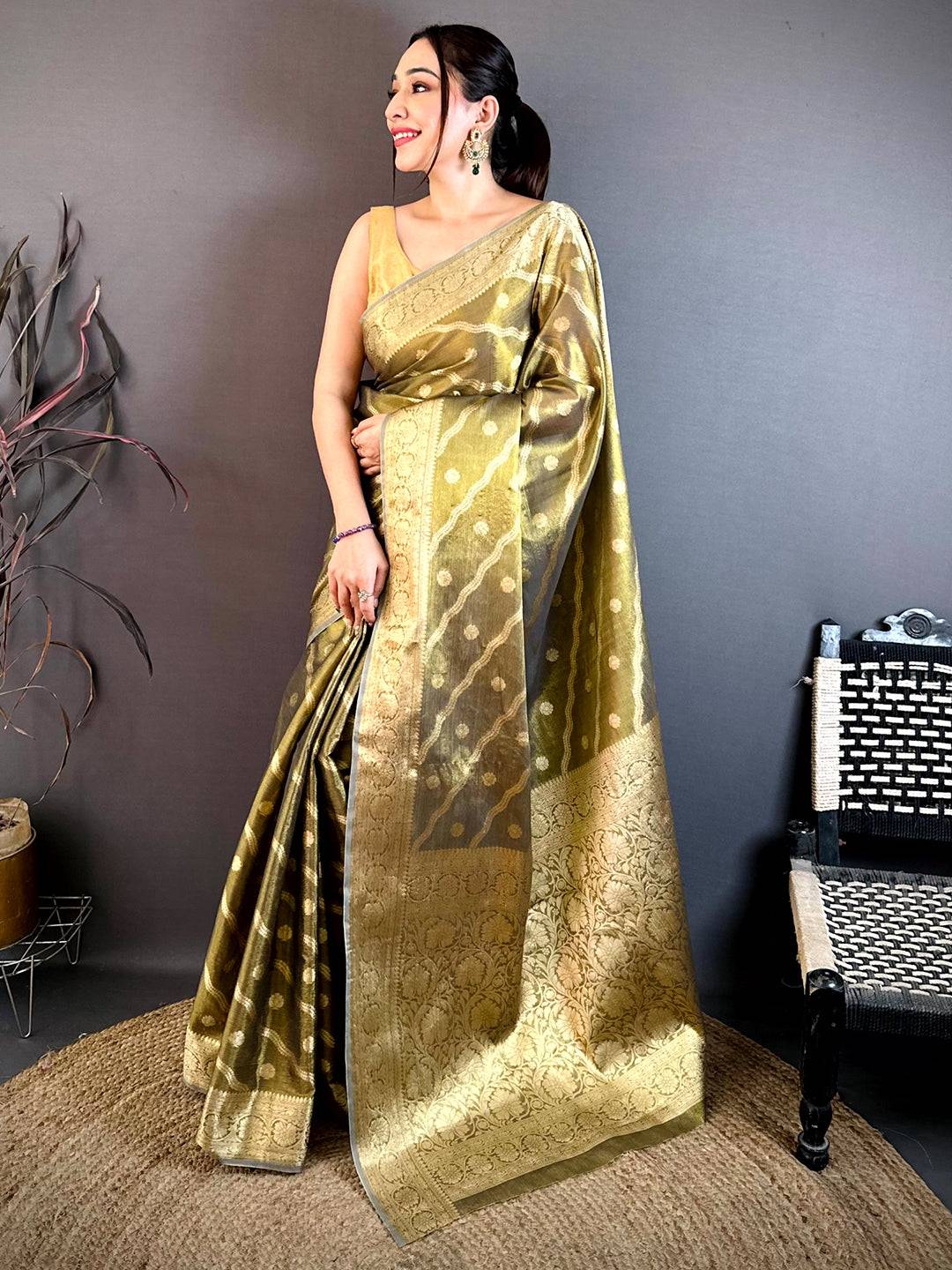 Olive Glass Crush Tissue Leheriya Saree