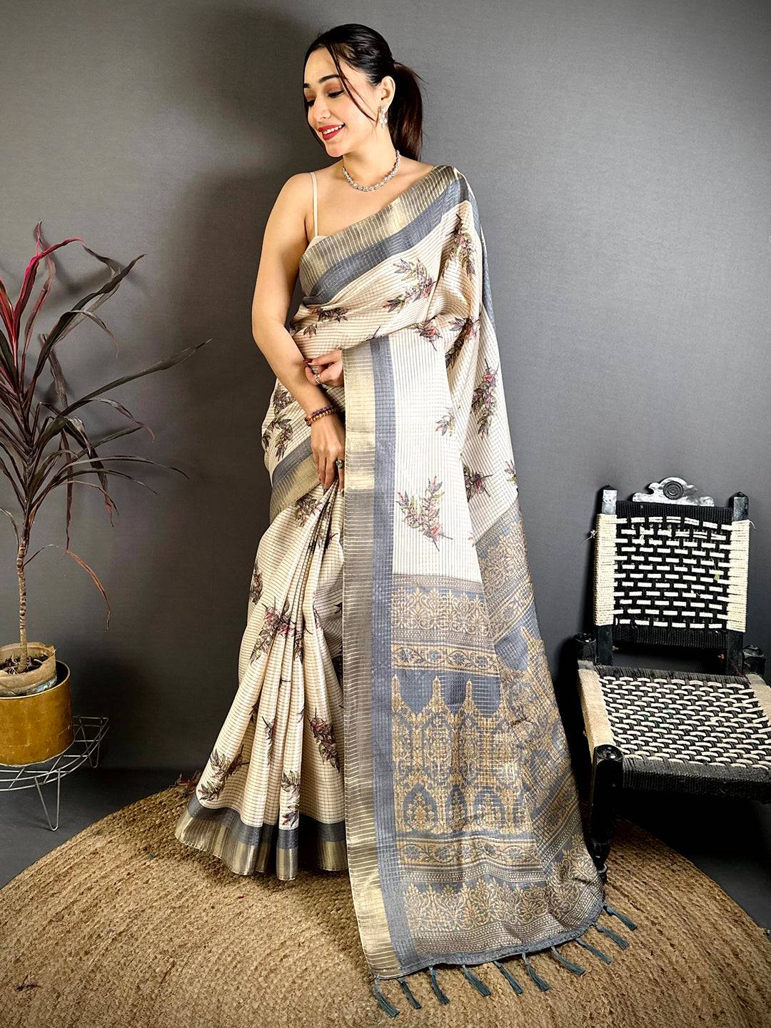 Grey Leaf Minakari Tussar Saree