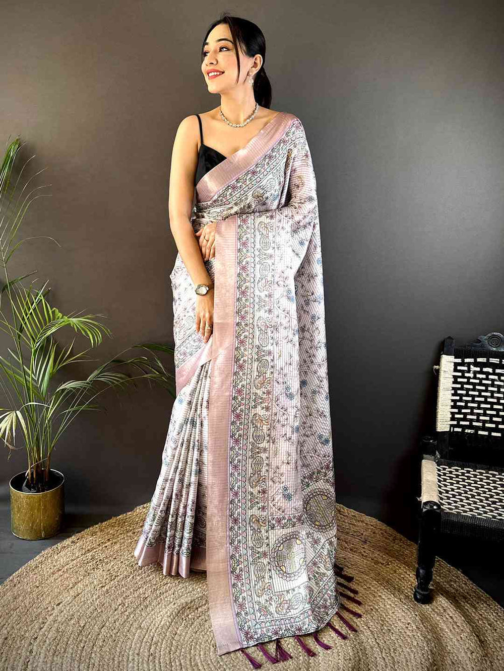 Light Pink Chanderi Madhubani Black Chex Saree