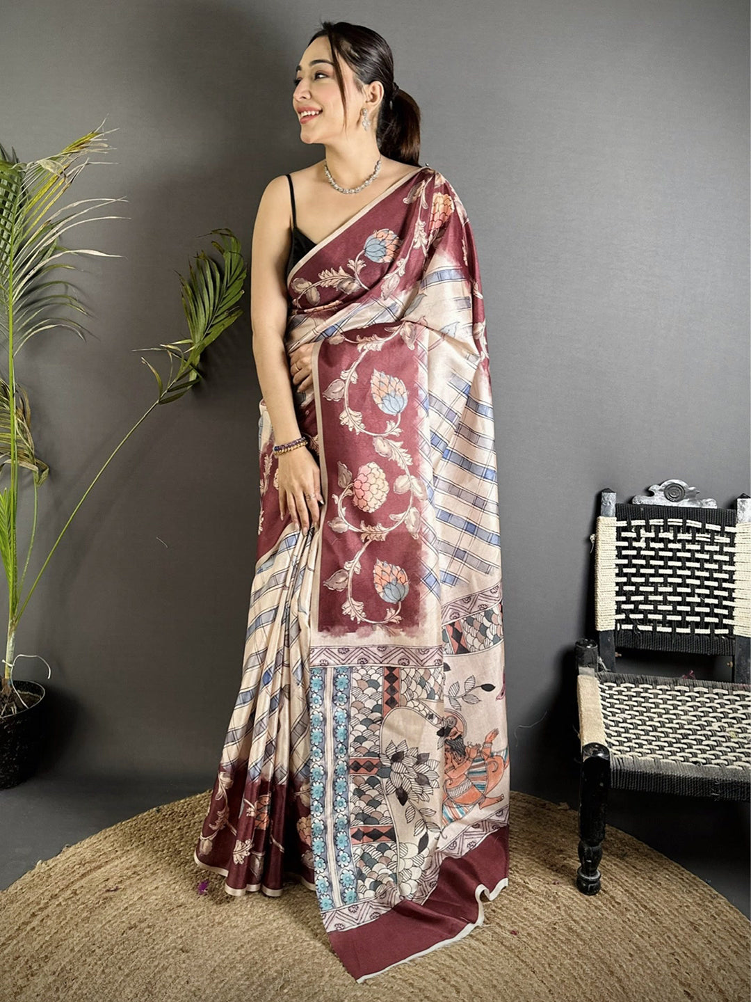 Artistic Chex Kalamkari Tussar Saree