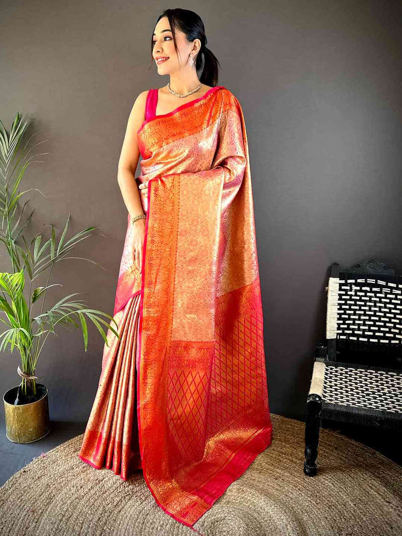 Gold Zari Floral Saree in Pink