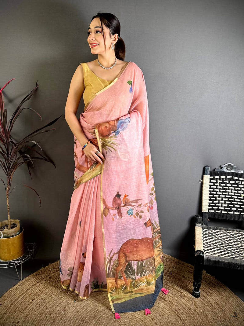 Blush Pink Animal Print Linen Chanderi Saree