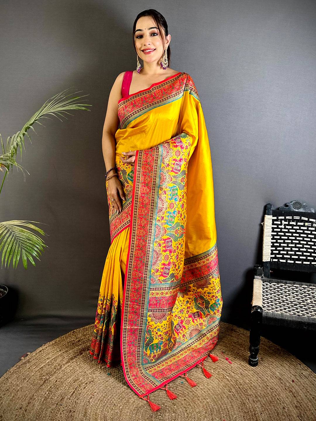 Yellow Kashmiri Art Soft Silk Saree