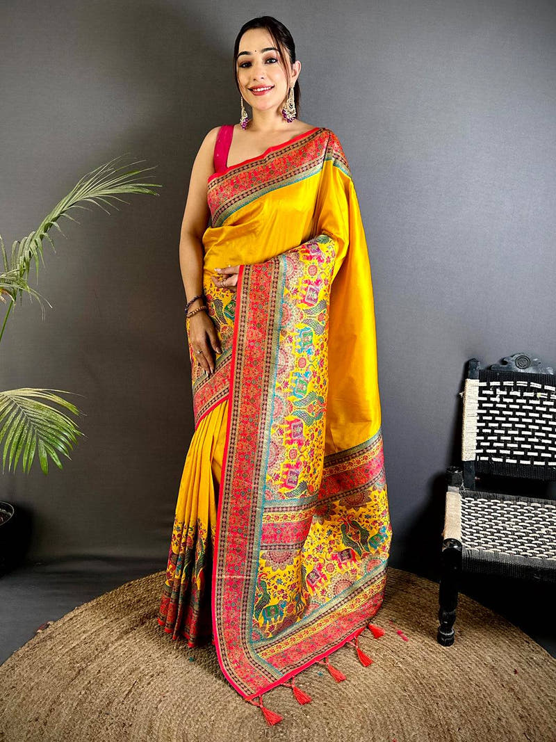 Yellow Kashmiri Art Soft Silk Saree