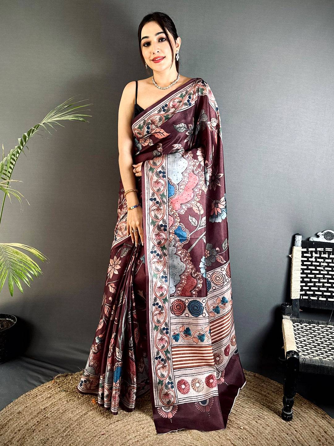 Regal Dark Floral Soft Tussar Saree
