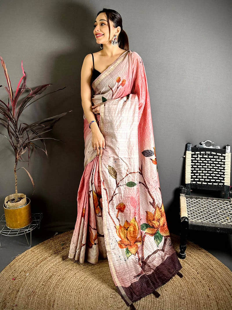 Pastel Pink Ghicha Tussar Floral Saree