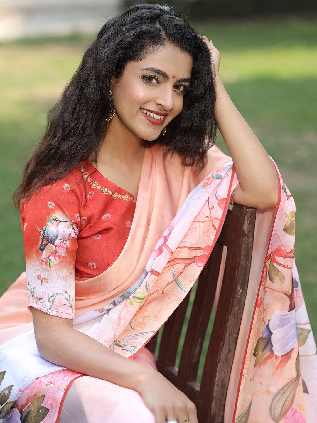Stylish Satin Georgette Peach Colour Hand Print Saree