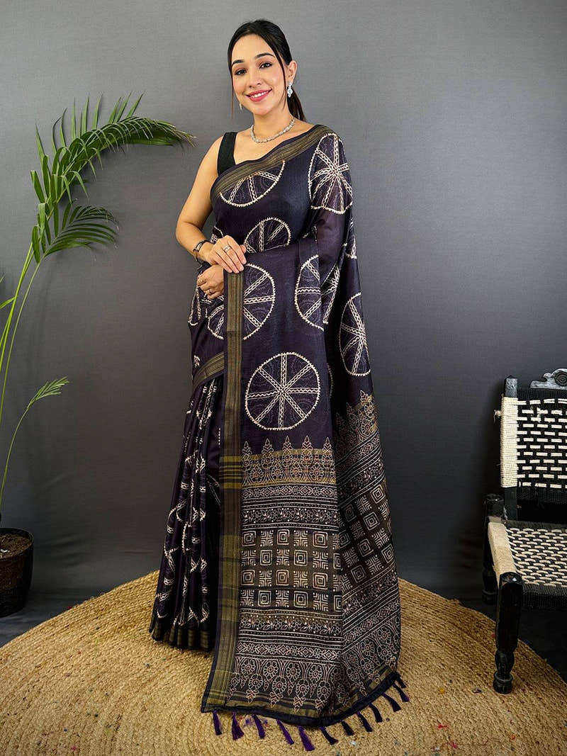 Black Linen Ajrakh Print Saree