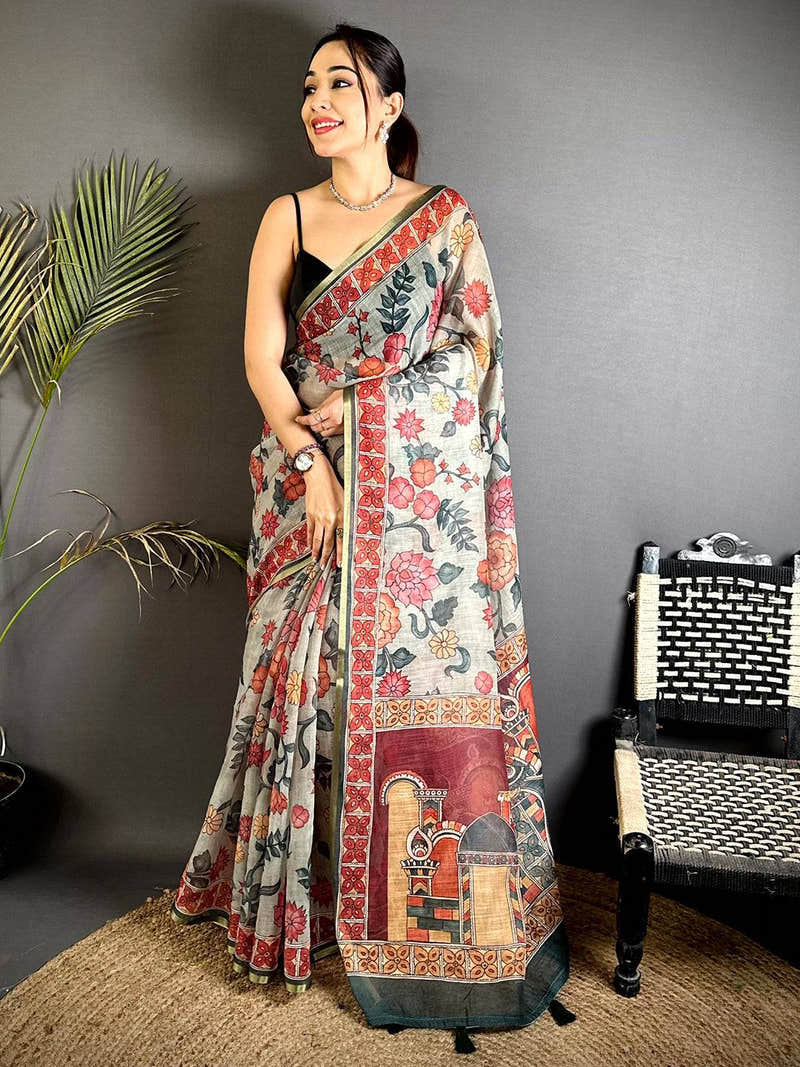 Heritage Floral Kalamkari Soft Linen Saree
