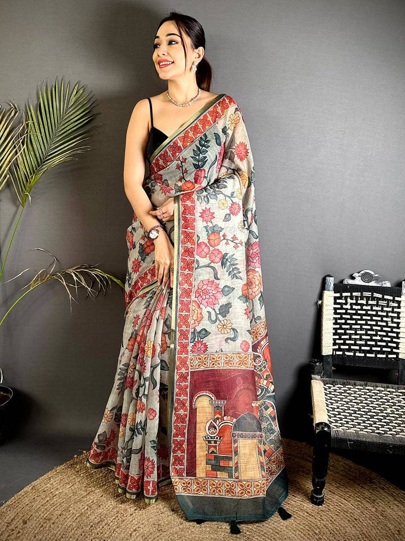Heritage Floral Kalamkari Soft Linen Saree