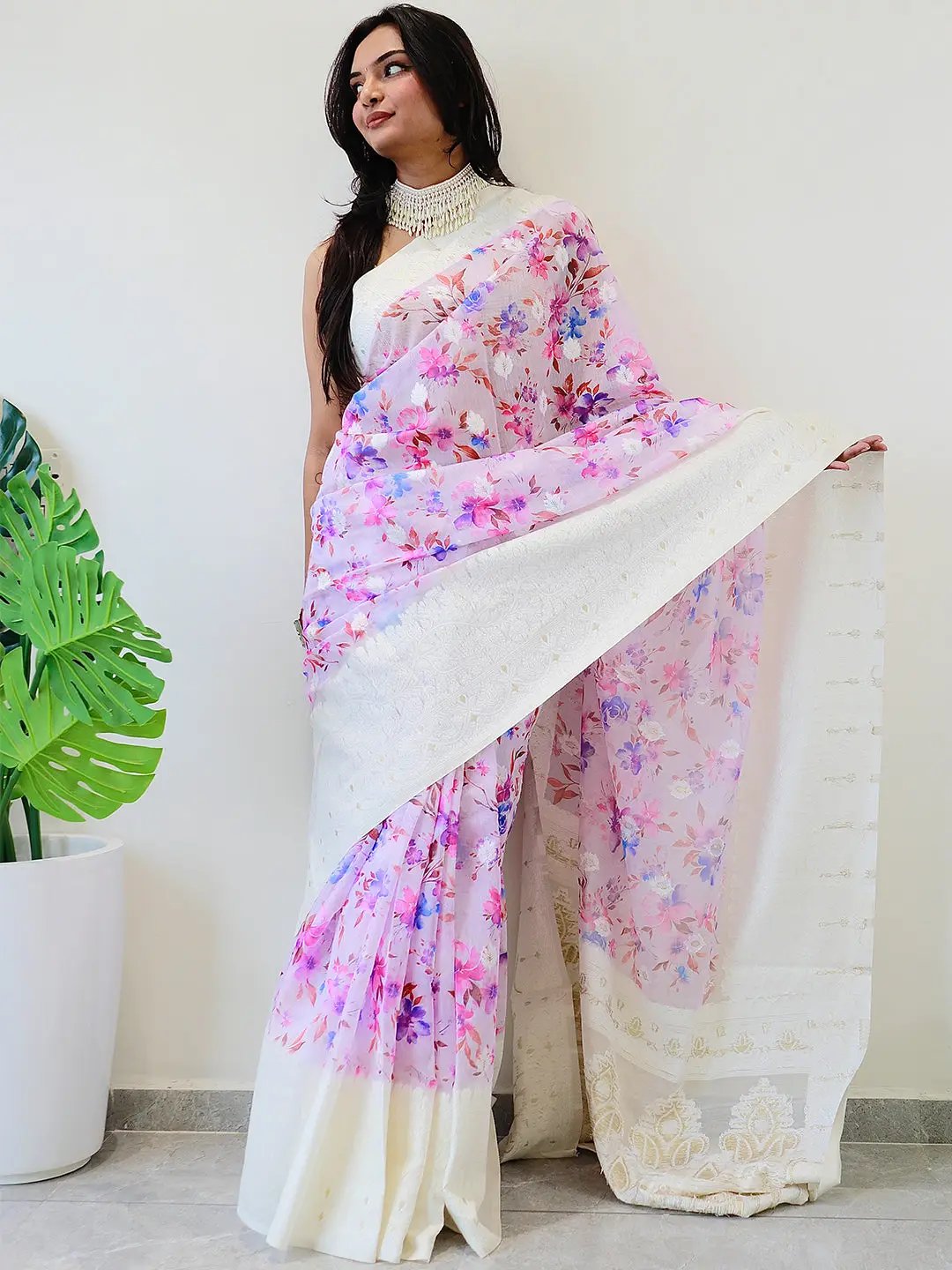 Multi Colour Bollywood Saree with floral digital print