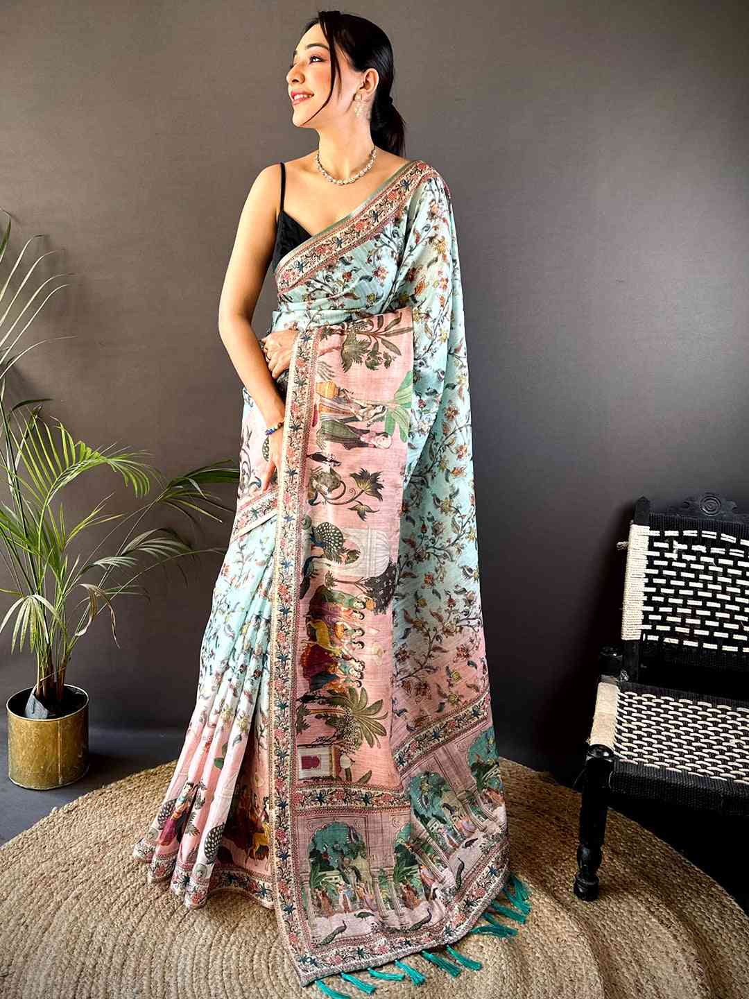 Light Blue Tussar Pashmina Kalamkari Saree