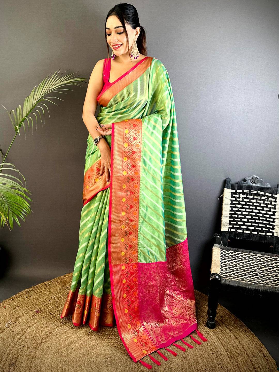 Green Banarasi Lehriya Katan Silk Saree