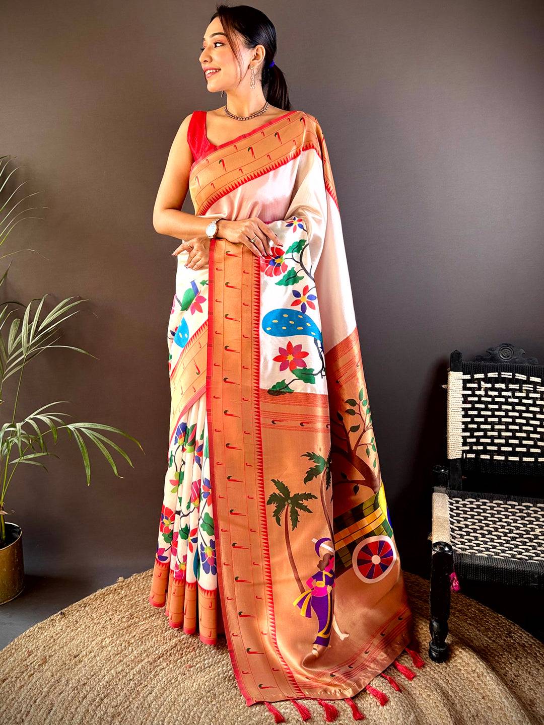 Off White Minakari Soft Silk Saree