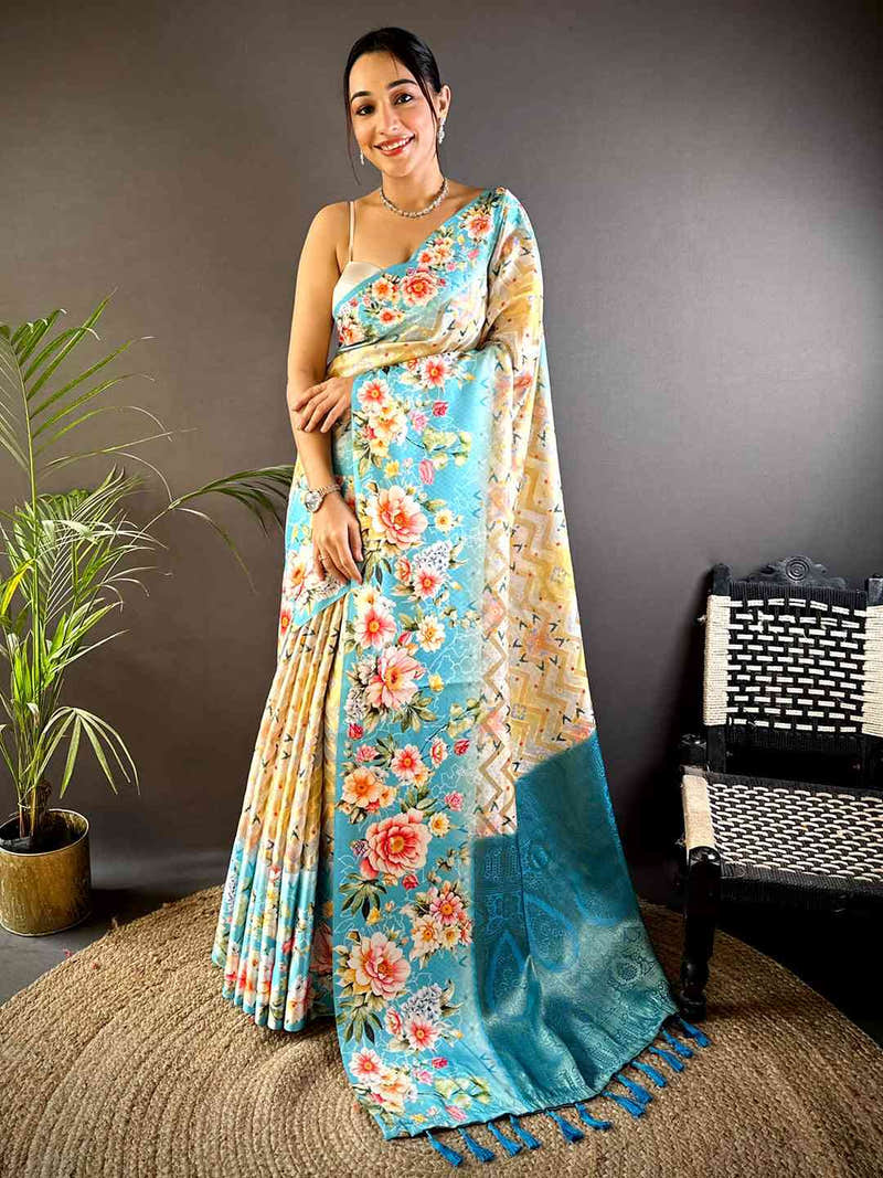 Sky Blue Zari Zigzag Kota Doriya Saree