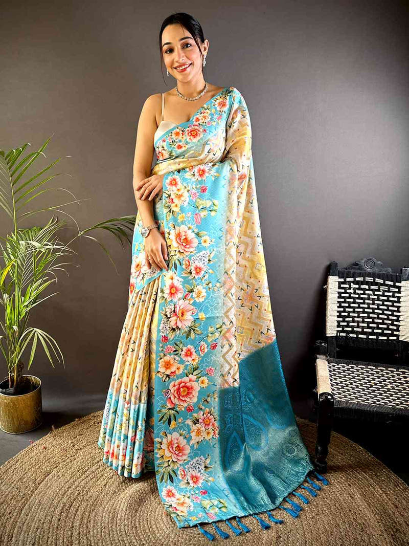 Sky Blue Zari Zigzag Kota Doriya Saree