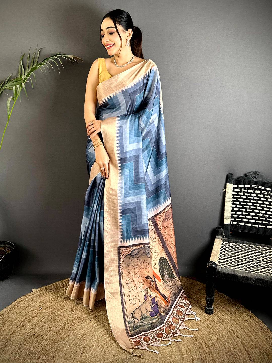 Graceful Linen Kalamkari Pallu Saree