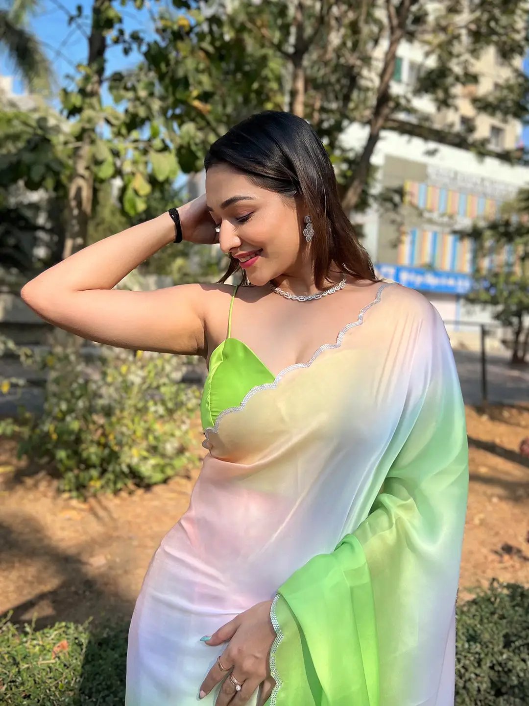 Stylish Green Colour Satin Georgette Saree with Ombre Print