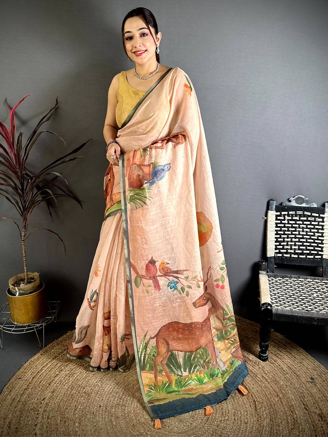 Peach Animal Print Linen Chanderi Saree