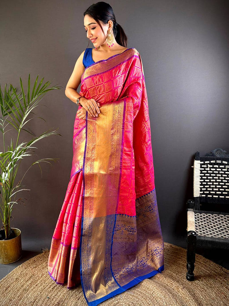 Pink Kanjivaram Checked Saree With Radiant Zari Border