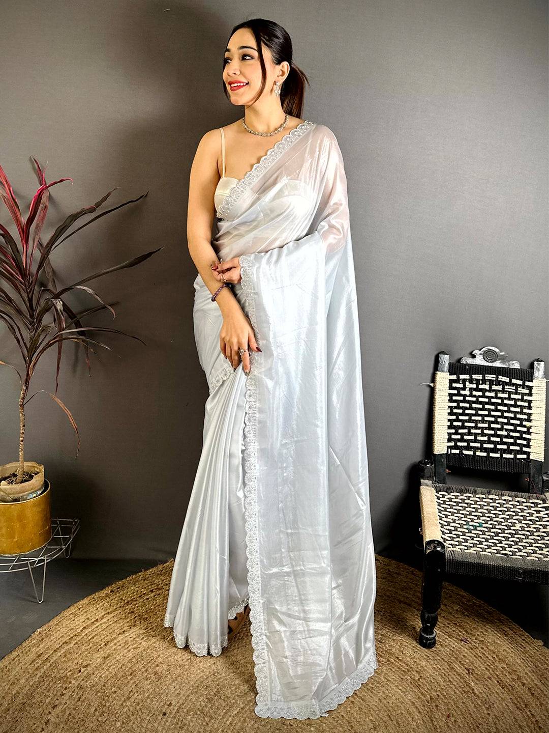 Opulent Silver Glass Swarovski Silk Saree