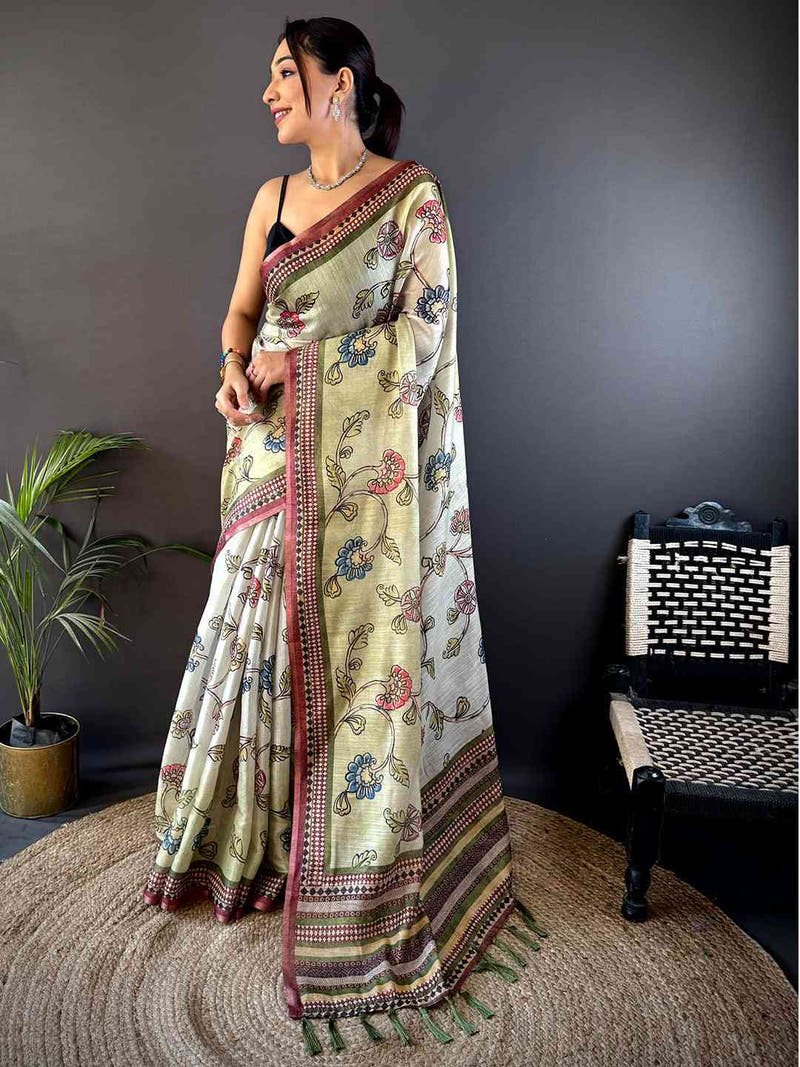 Swamp Green Zari Tussar Floral Saree