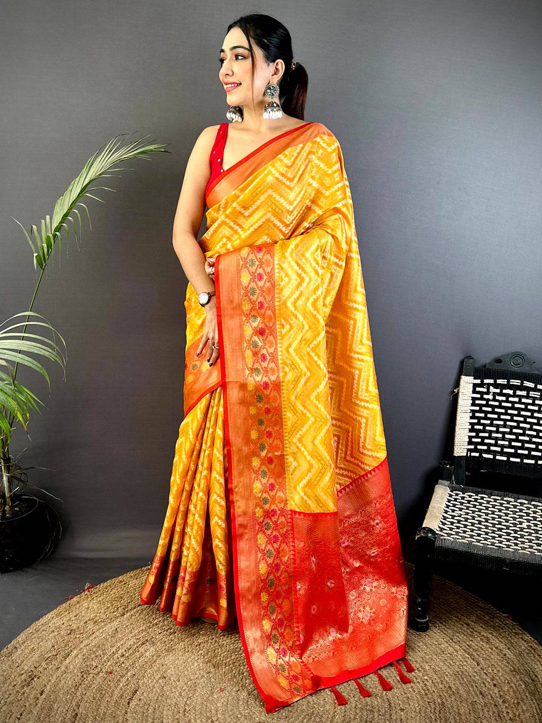 Yellow Banarasi Zic Zac Katan Silk Saree